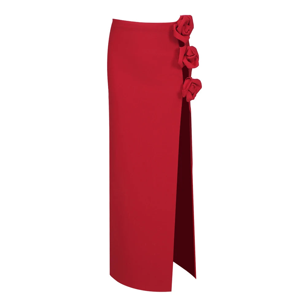 VC Skirts For Women Christmas Party Wear Pretty 3D Flowers Decoration Red Bandage High Split Sexy Long Skirt