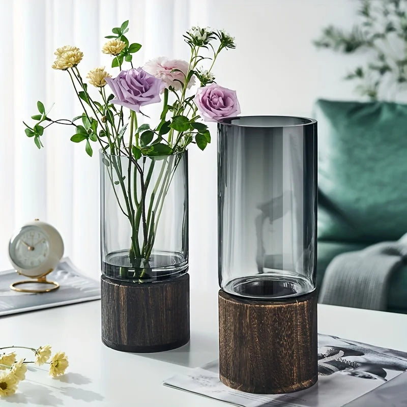 Elegant Glass Vase with Wooden Base for Hydroponic Plants
