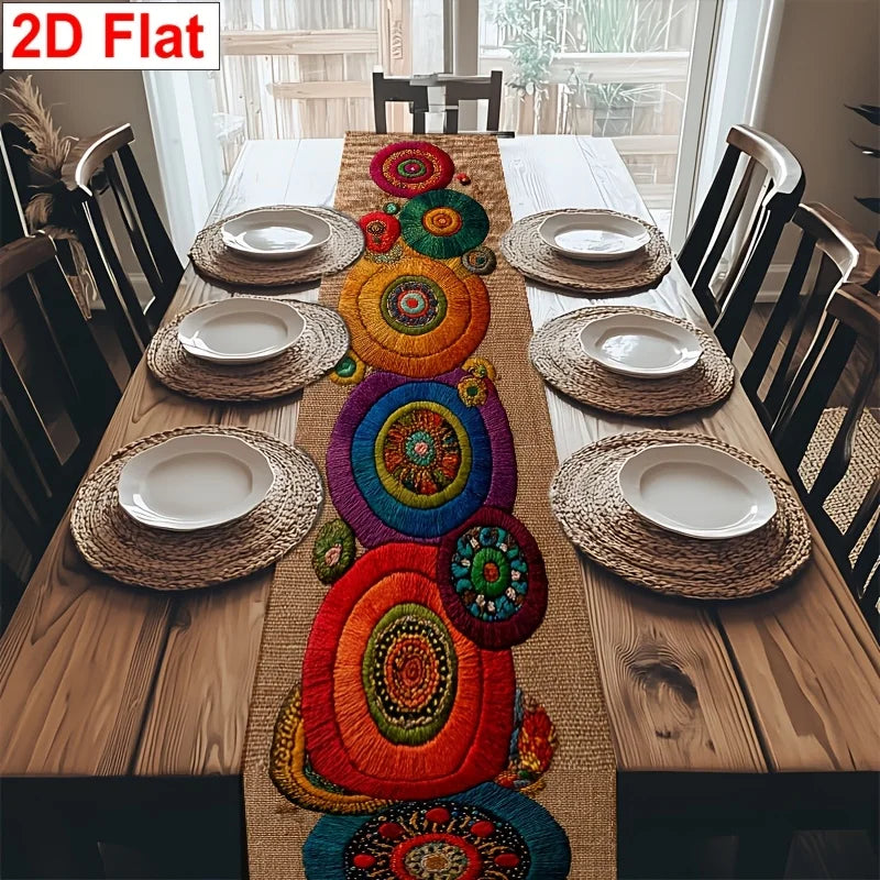 Boho Style Colorful Circular Pattern 2D Flat Table Runner Table Cover for Party Cafe Kitchen Dining Table Banquet  Decoration