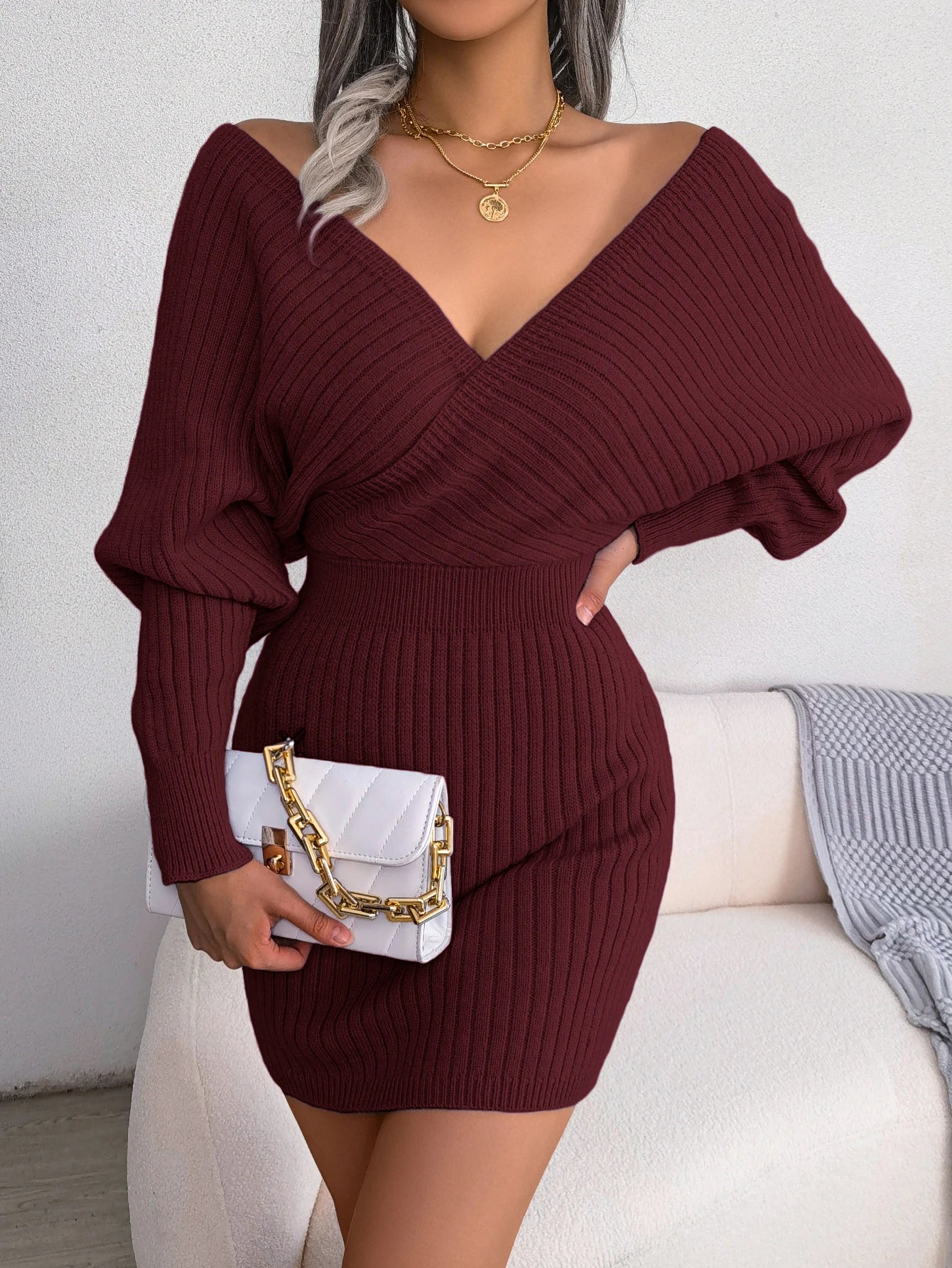 Women's V Neck Waist Tie Sweater Dress - Bodycon Long Sleeve Solid Knit for Fall Winter Holiday Party