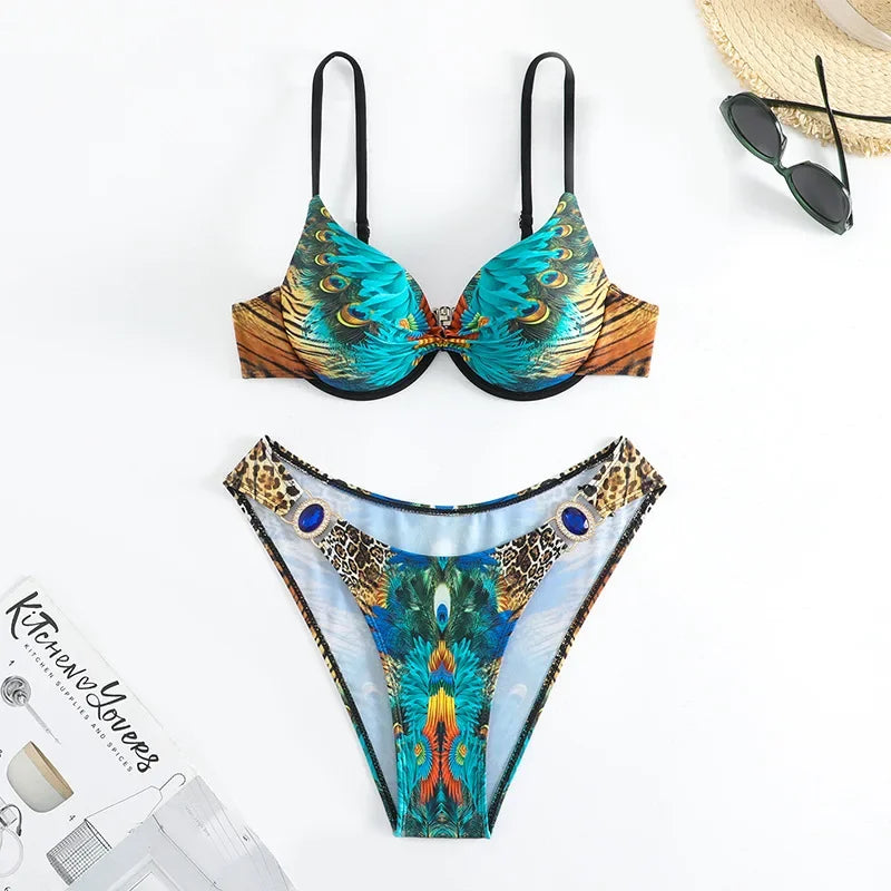Green Peacock Print Bikini Set 2026 – Rhinestone Low Waist Thong Swimsuit