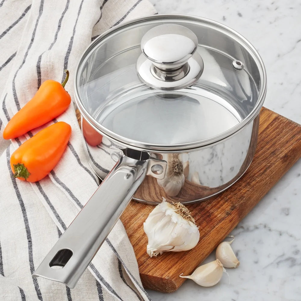 Oven Safe Stainless Steel Saucepan with Straining Lid 1qt Dishwasher Safe Induction Compatible Heat Resistant Glass Lid Durable