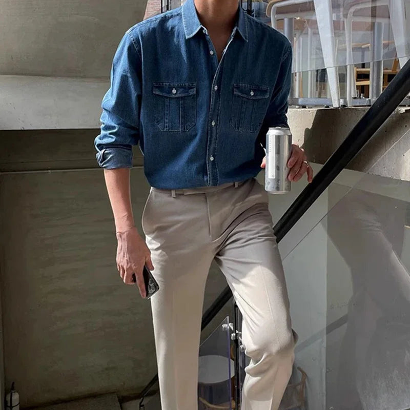 Streetwear Mens Denim Shirts Fashion Patchwork Pockets Long Sleeve Jean Shirt for Men Vintage Solid Color Button Denim Cardigans