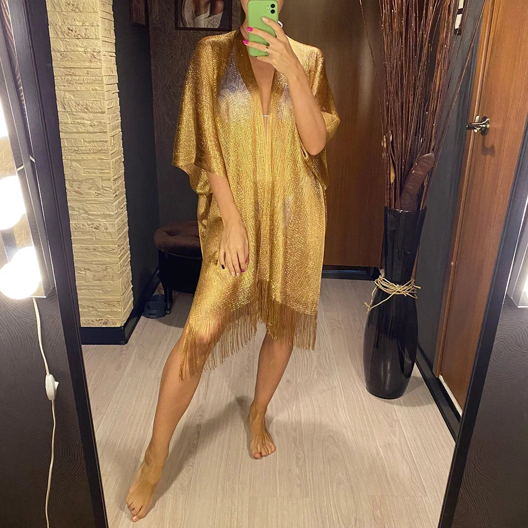 Solid Bikini Cover Up Tassel Beach Dress Tunics Swimsuit Bathing Suit Women Shining Cover Ups for Swimwear Women Pareo Plage