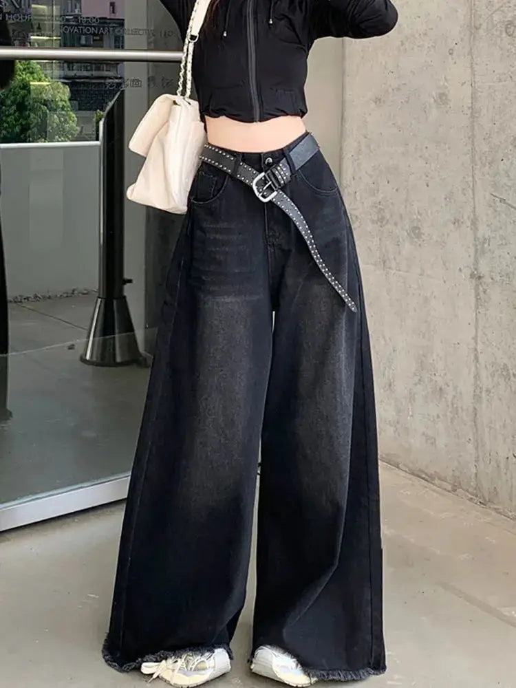 Elegant Chic American Vintage Black Wide Leg Jeans