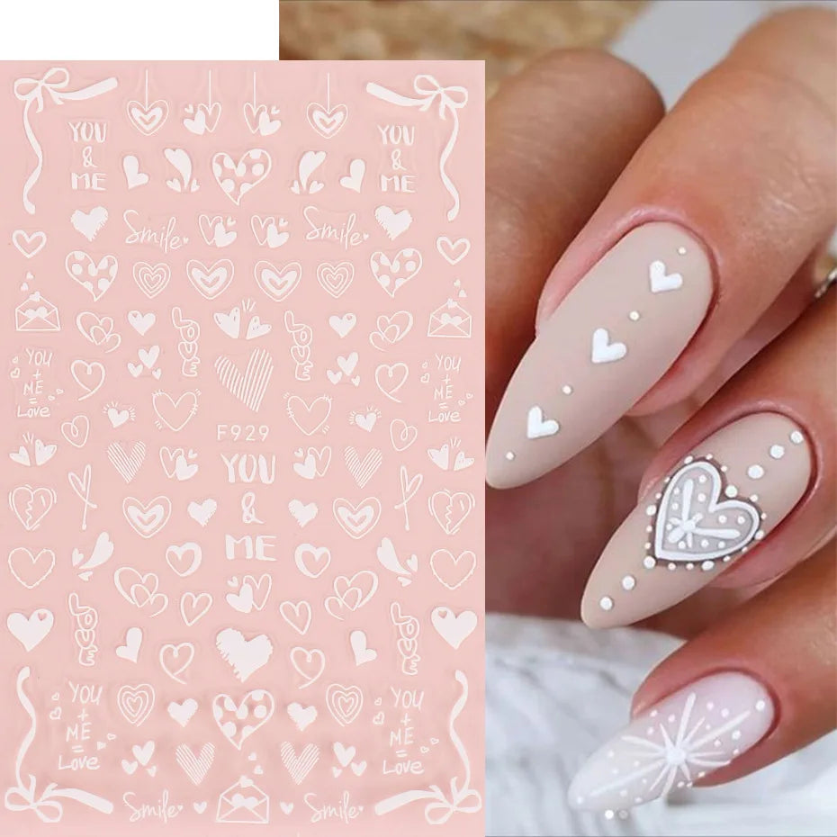 1PCS New Black White Love Heart English Alphabet Nail Art Sticker Nail Decoration Decal DIY Valentine's Day 3D Adhesive Stickers