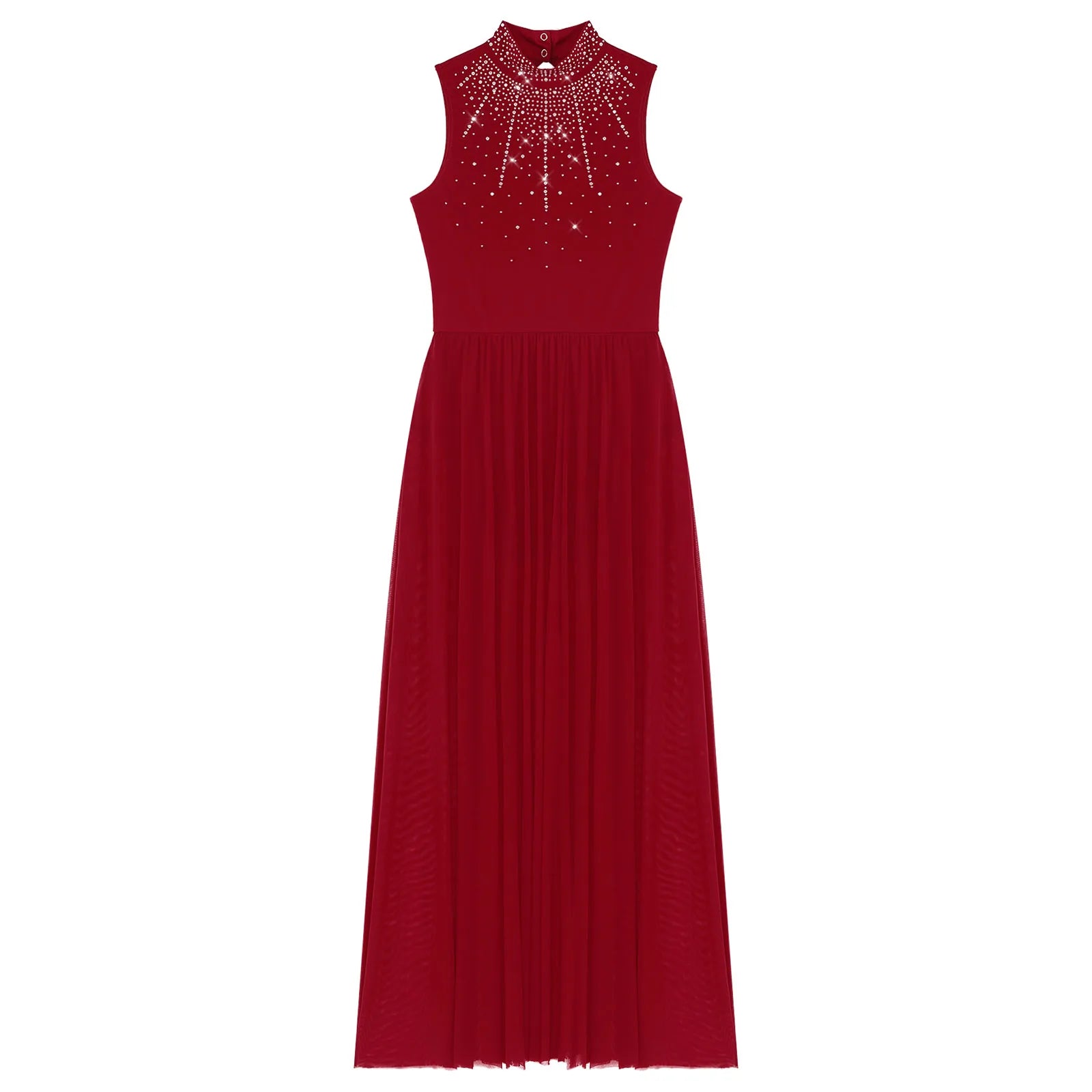 Womens Lyrical Dance Dresses Mock Neck Wide Hemline Shiny Rhinestones Maxi Dress Sleeveless Modern Contemporary Leotard Dresses