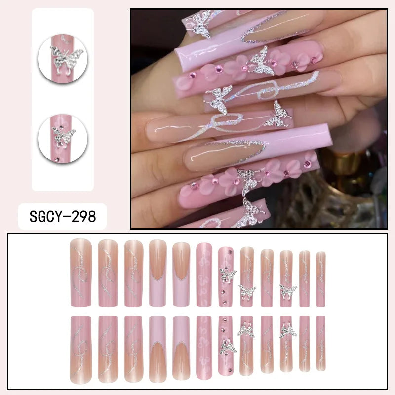 3D Butterfly Coffin Press-On Nails | 24pcs Ultra Long | French Gradient Floral Diamond Design