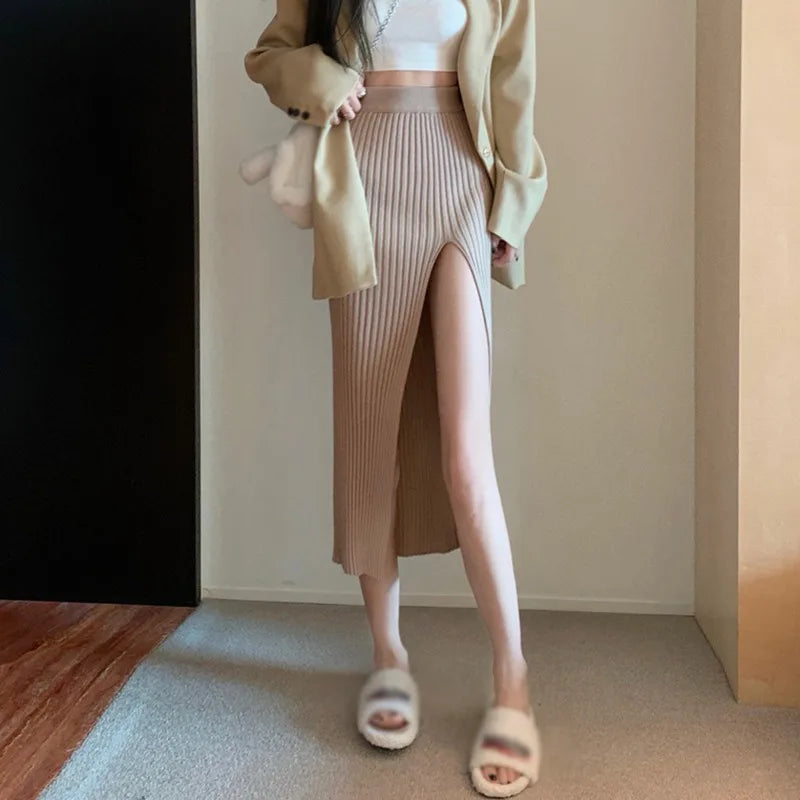 Women Sexy Split Bodycon Long Skirt  Elegant Slim Fit High-Waisted Skirts Female Pure Desire Hot Girl Knitted Elastic Dress