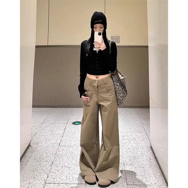 Petite Women's Melange Wide Leg Casual Pants 25 Fall Winter Slim High Waist Retro Floor Length