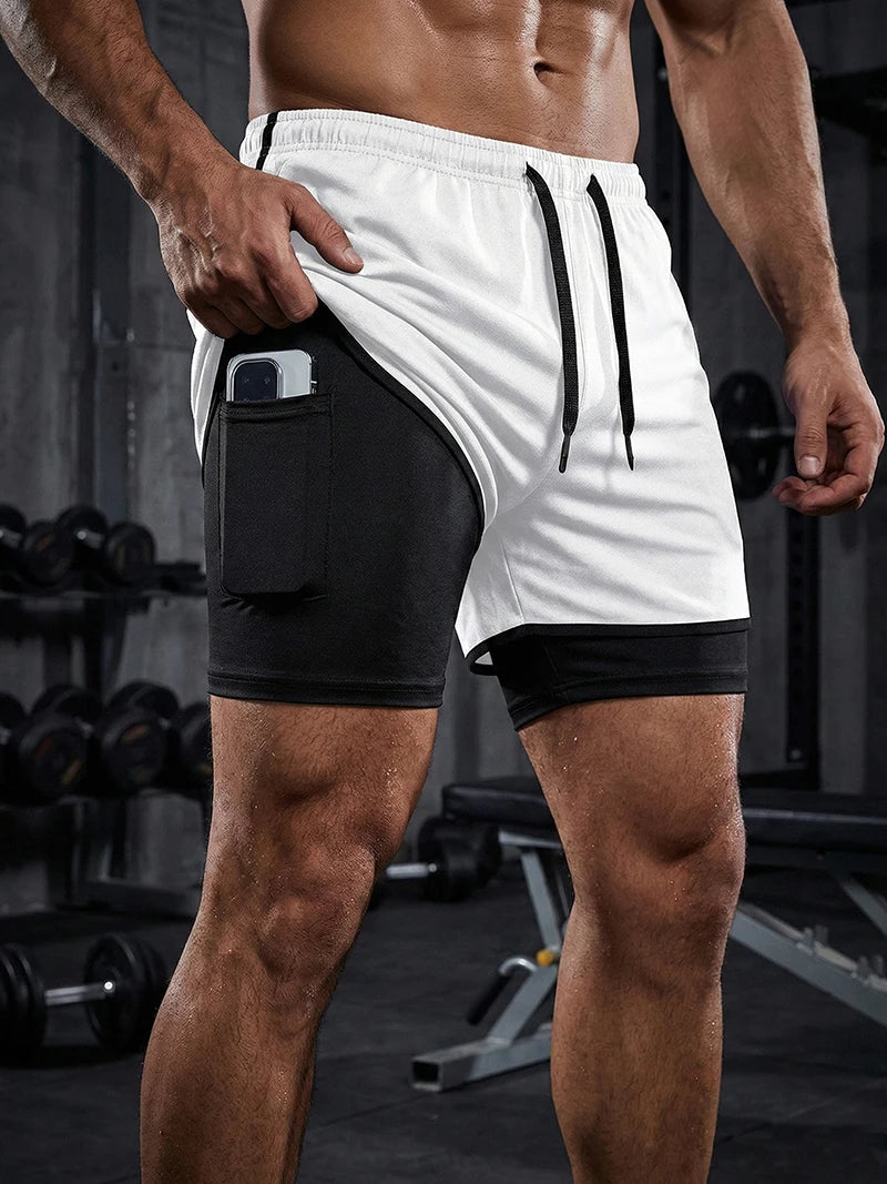 Men's 2 in 1 Running Workout Short with Phone Pocket Towel Loop Gym Athletic Quick Dry Stretchy Performance Shorts Activewear