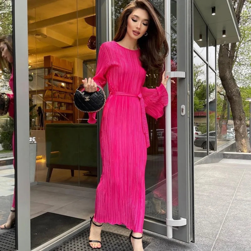 Autumn Winter Party Dress for Women 2025 Y2K INS Elegant Fashion Long Sleeve O Neck Lace Up Folds Evening Graduation Long Dress