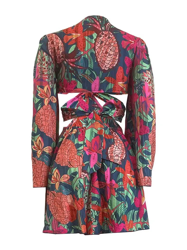 Women Sexy Outfits Skirt Sets with Top Lace-up Flare Sleeves Nightclub Wear with Flower Print Two Piece Sets Skirt and Crop Top