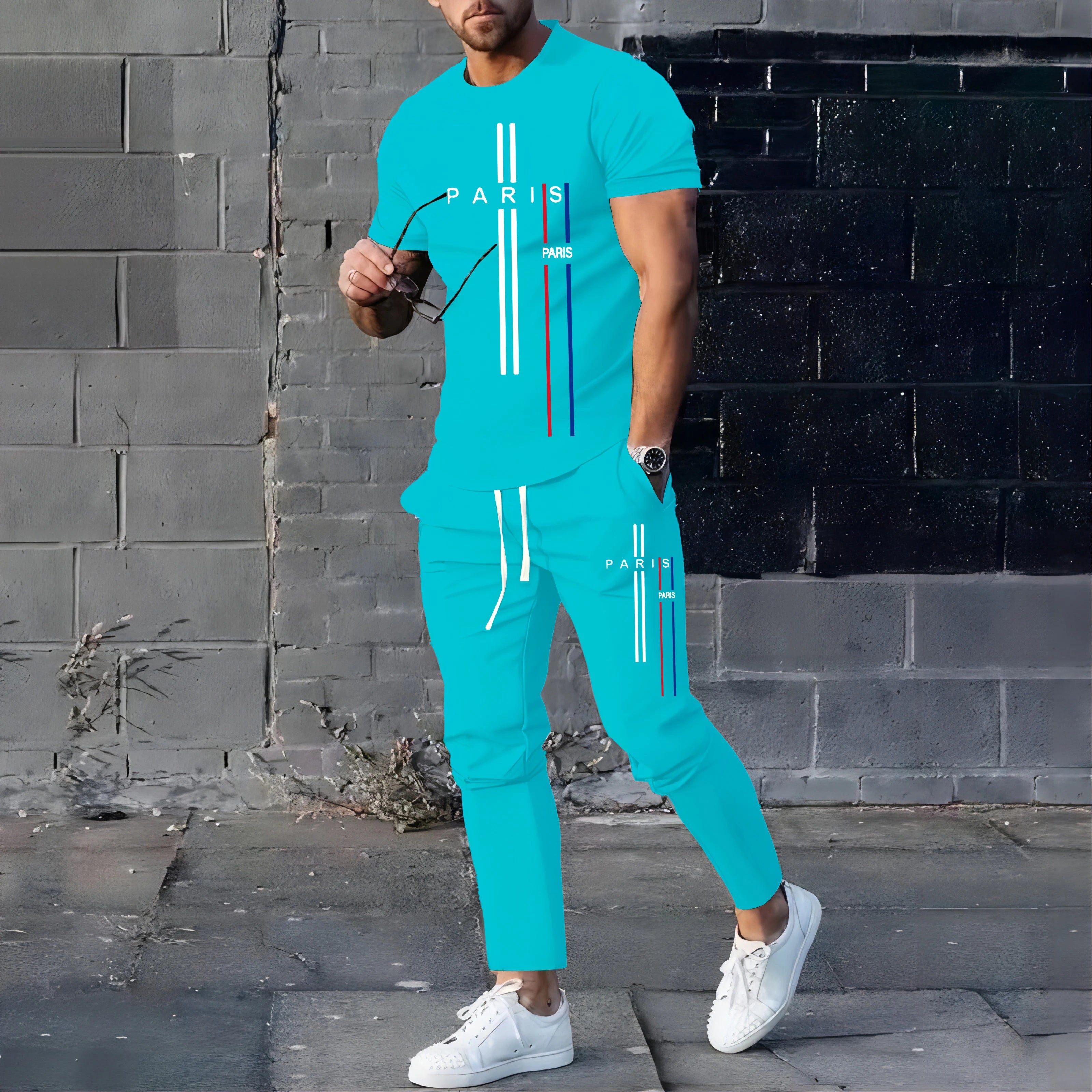 Summer New Fashionable Men's Football Sportswear T-shirt Pants Set Casual Short Sleeve Set Jogging Fitness Clothing