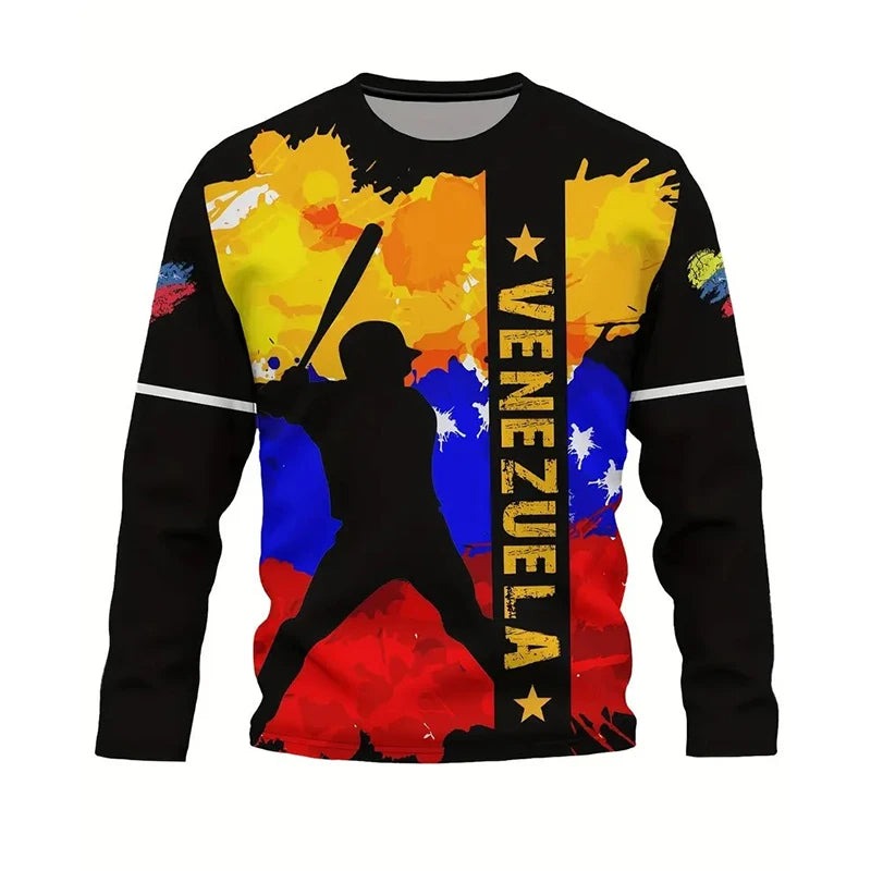 Baseball Sports Pattern Venezuela Shirt For Men 3D Print Graffiti Style Long Sleeve T-shirts Fashion Street Daily New T Shirts