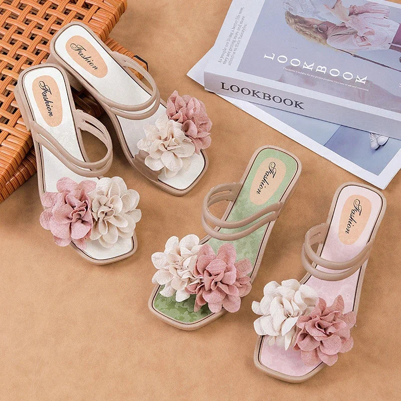 Fashion Women's Chunky Heel Flower Sandals Comfortable Two-Wear Slip on Slides for Wedding Party Vacation Outdoor Y2k