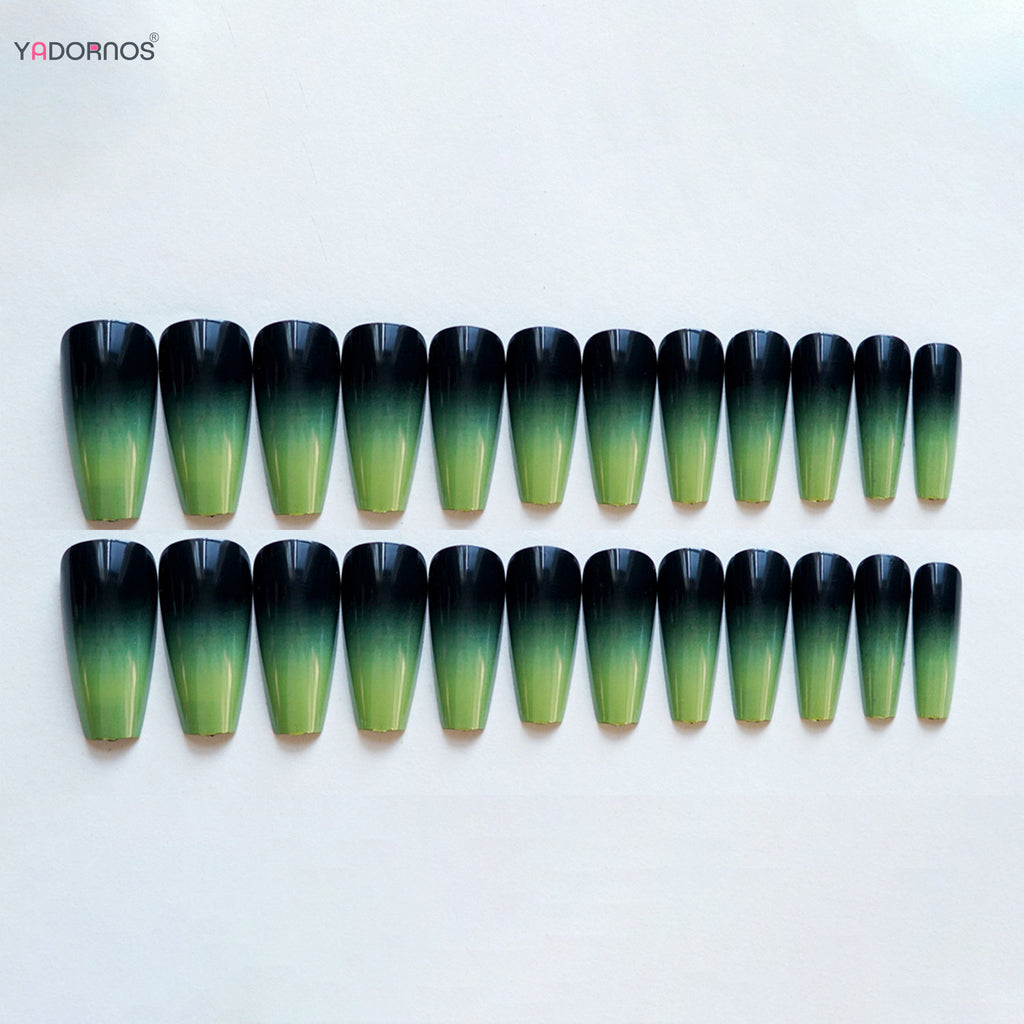 Black Green Long Coffin False Nails Gradient Color Press on Nails Full Cover Ballet Fake Nails Tips for Women Girls DIY Manicure