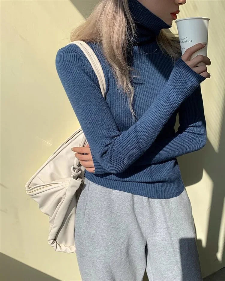 Women Turtlneck Sweater Elegant Solid Basic Knitted Tops Casual Pullover Korean Fashion Simple with Thumb Holes Chic Clothes