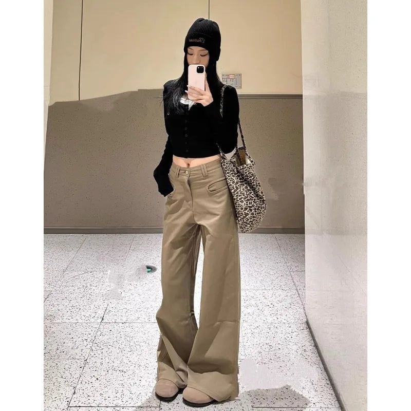 Petite Women's Melange Wide Leg Casual Pants 25 Fall Winter Slim High Waist Retro Floor Length
