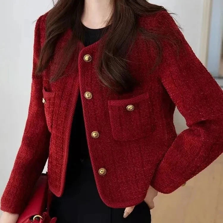 Spring Autumn New Red Tweed Small Fragrance Coat Short Blazers Korean Fashion Elegant Female Tops Outerwear