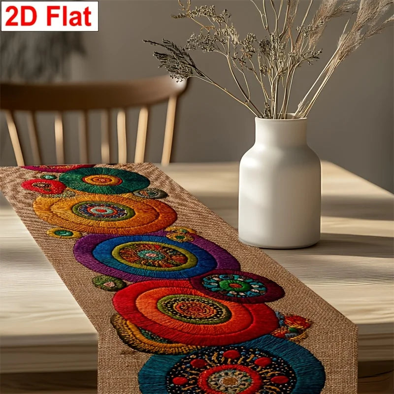 Boho Style Colorful Circular Pattern 2D Flat Table Runner Table Cover for Party Cafe Kitchen Dining Table Banquet  Decoration