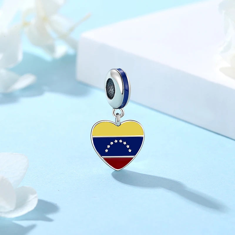 925 Sterling Silver Charms Flag Of Venezuela Heart Pendant Beads Fit Original Brand Bracelets Necklaces Jewelry For Women