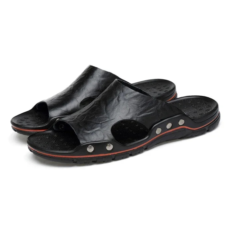 YRZL Mens Sandals PU Leather Classic Summer Men Slippers Soft Black Slippers Big Size Slippers Lightweight EVA Slides for Men
