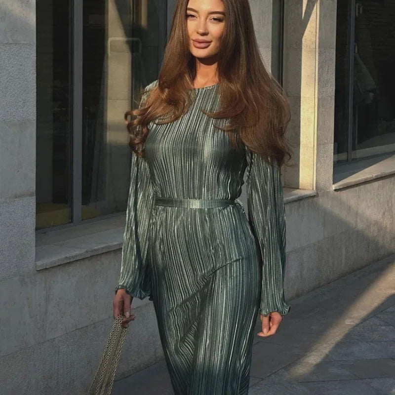 Autumn Winter Party Dress for Women 2025 Y2K INS Elegant Fashion Long Sleeve O Neck Lace Up Folds Evening Graduation Long Dress