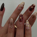 24pcs Medium Almond Press On Nails Brown And Golden Fake Nails Full Cover False Nails For Women And Girls