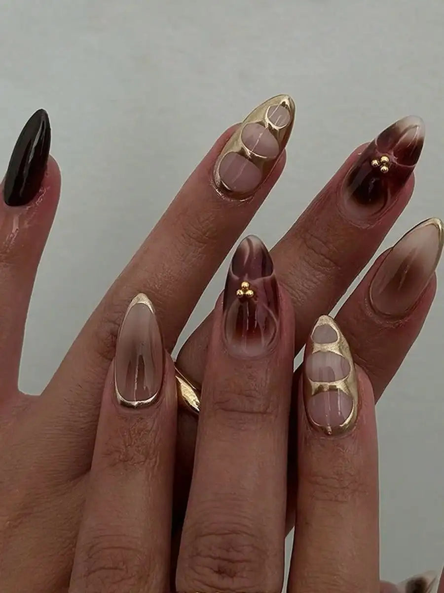24pcs Medium Almond Press On Nails Brown And Golden Fake Nails Full Cover False Nails For Women And Girls