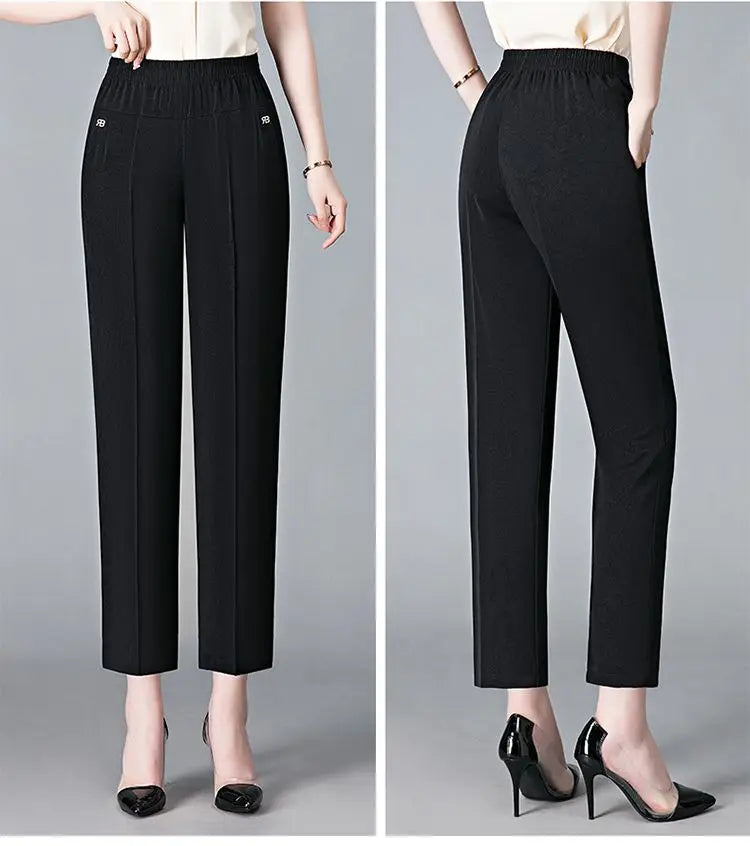 Office Lady Vintage Loose Straight Pants Spring Summer Thin Women Streetwear Fashion Casual Elastic High Waist Cropped Trousers