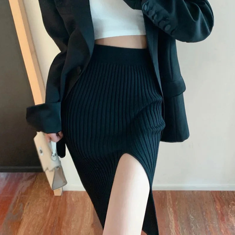 Women Sexy Split Bodycon Long Skirt  Elegant Slim Fit High-Waisted Skirts Female Pure Desire Hot Girl Knitted Elastic Dress