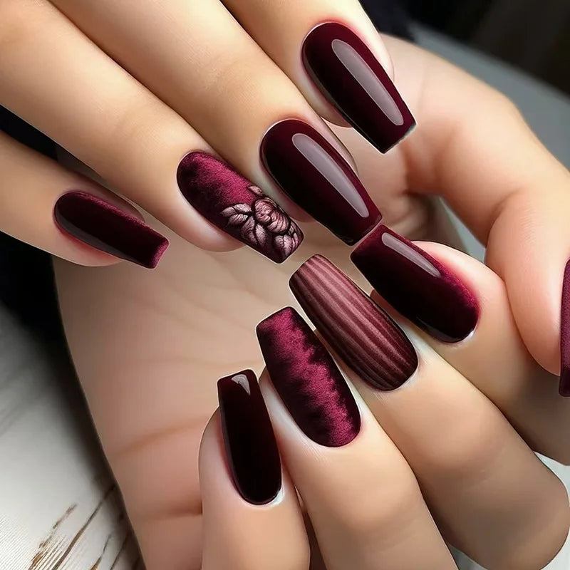Flower Ballet Press-On Nails | 24pcs Long Full Cover Nail Tips | Brown Floral Design