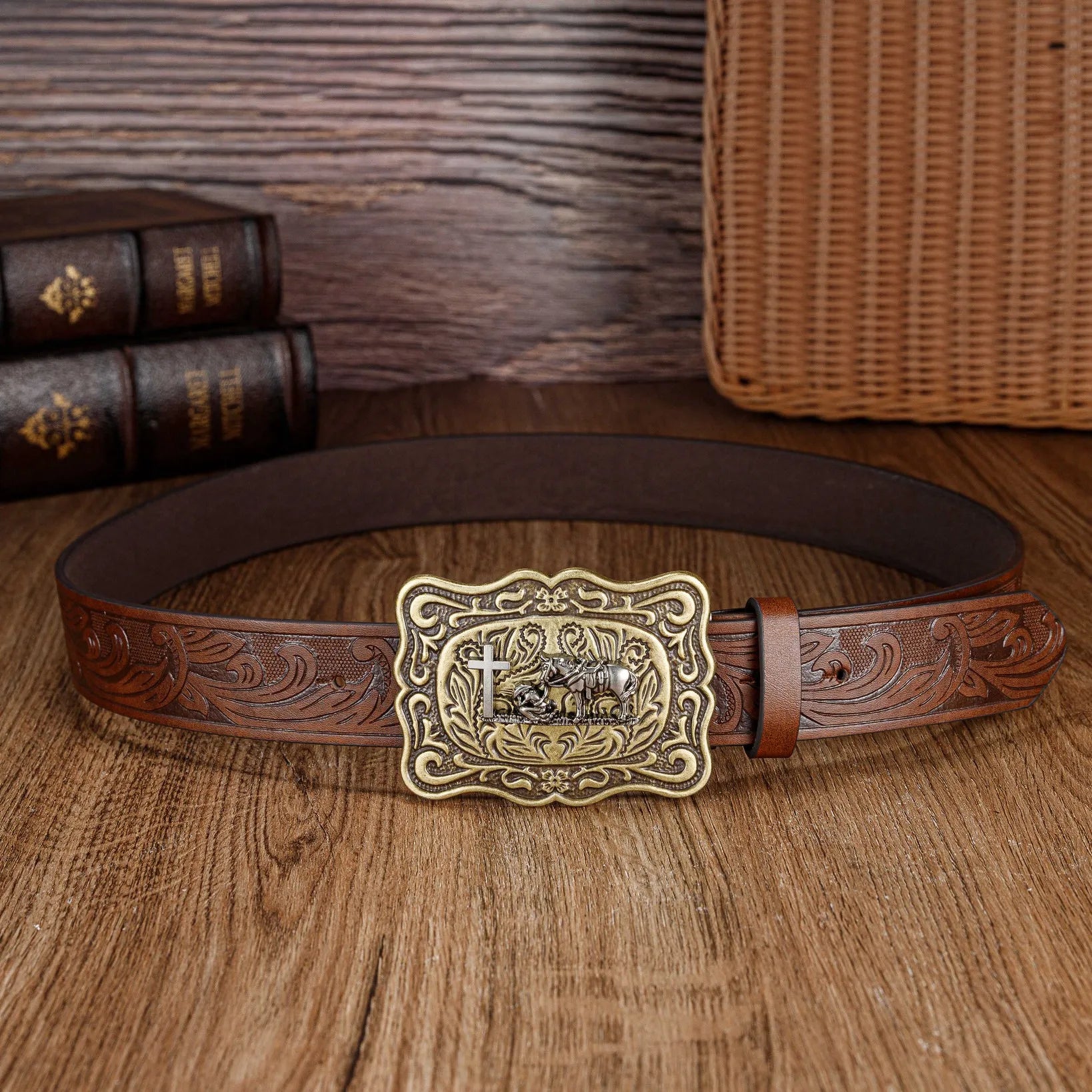 Wrangler men's belt, retro embossed personalized belt, Western denim large buckle punk style belt