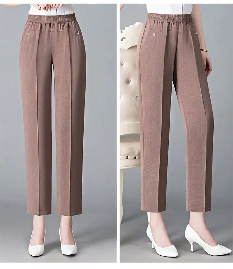 Office Lady Vintage Loose Straight Pants Spring Summer Thin Women Streetwear Fashion Casual Elastic High Waist Cropped Trousers