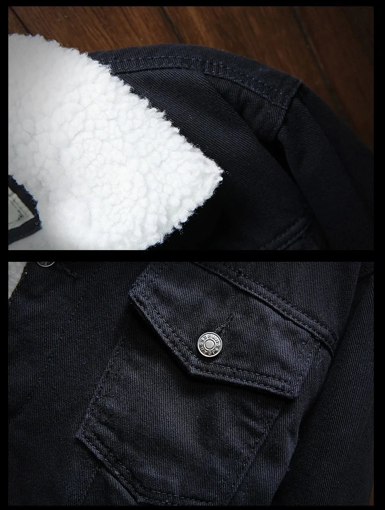 Winter Men's Fleece-Lined Denim Jacket Korean Fashion Windproof Warm Multi-Pocket Lapel Jacket Man High Street Vintage Jean Coat