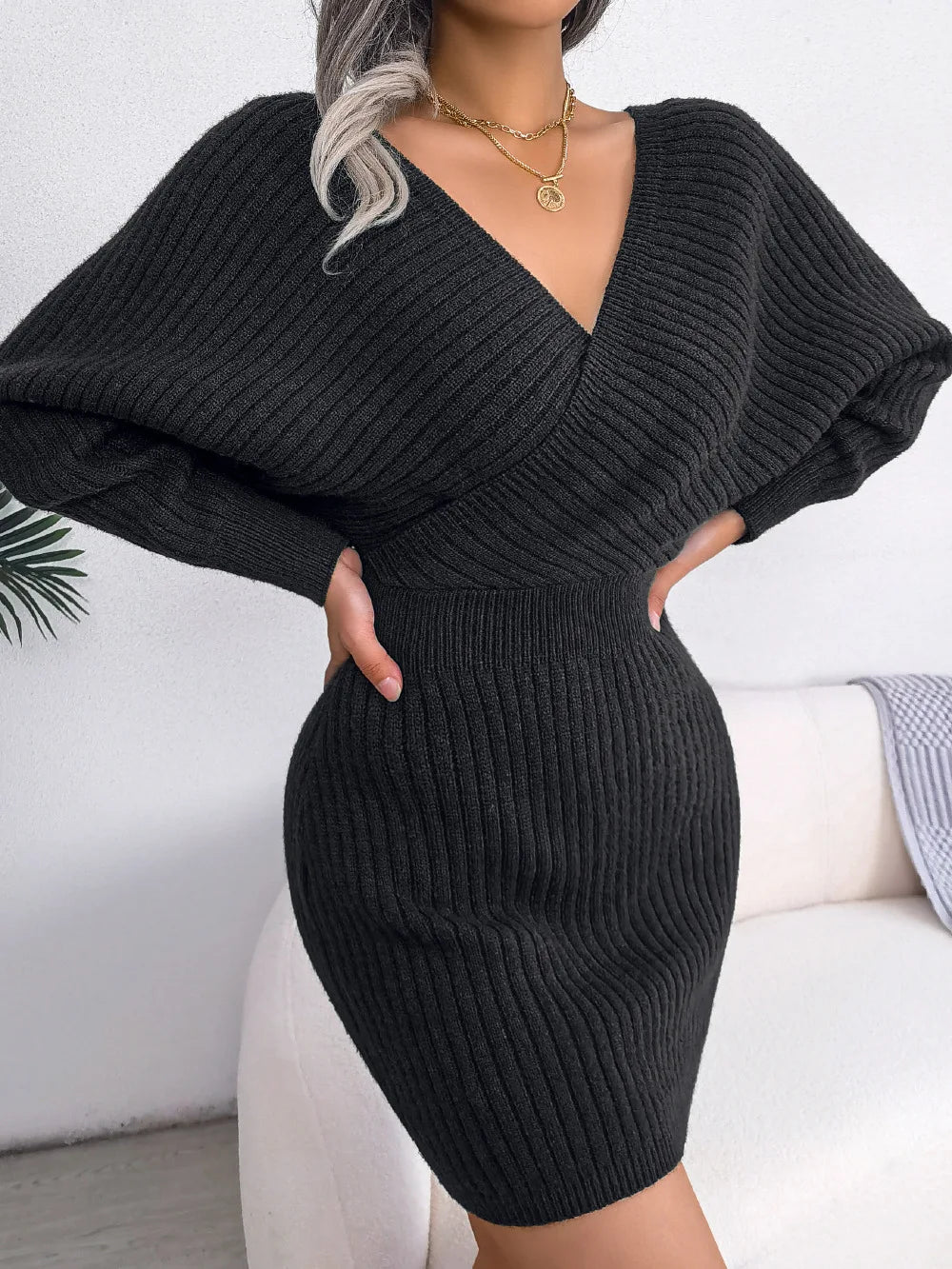 Women's V Neck Waist Tie Sweater Dress - Bodycon Long Sleeve Solid Knit for Fall Winter Holiday Party