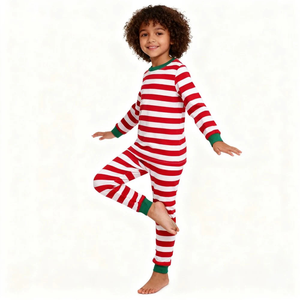 Christmas Kids Pajamas Set Red White Striped Long Sleeve Sleepwear Cute Xmas Pjs for Boys Girls Comfortable Nightwear Outfits