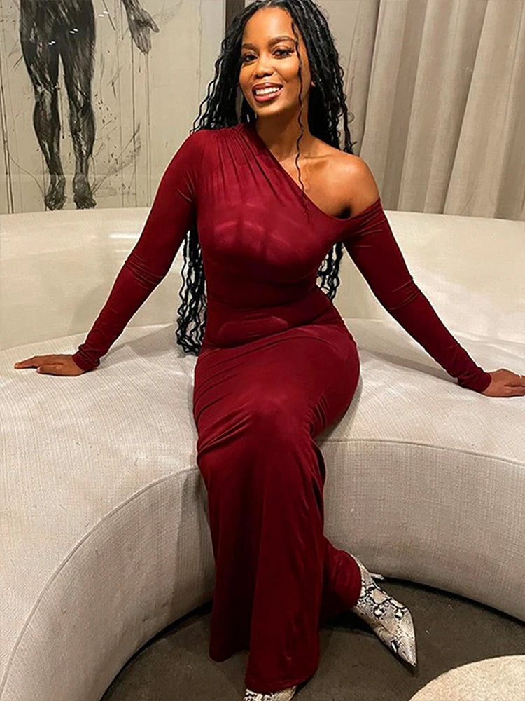 Women's Dresses Autumn New Sexy One-Shoulder Red Dress Streetwear Fashion Casual Slim Elegant Female Club Knitted Dress Clothing