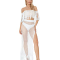 Women 2 Pieces Beachwear Outfits Solid Color Hollow-Out Tassel Off Shoulder Cover-Ups Slit High Waist Sarong Long Skirts Set