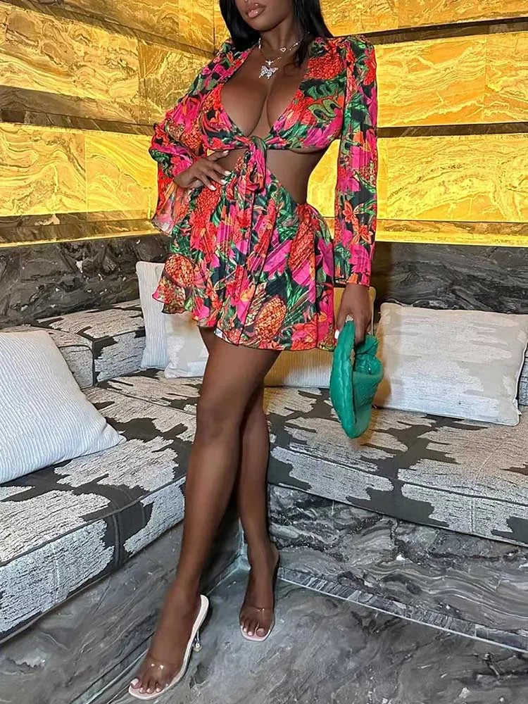 Women Sexy Outfits Skirt Sets with Top Lace-up Flare Sleeves Nightclub Wear with Flower Print Two Piece Sets Skirt and Crop Top
