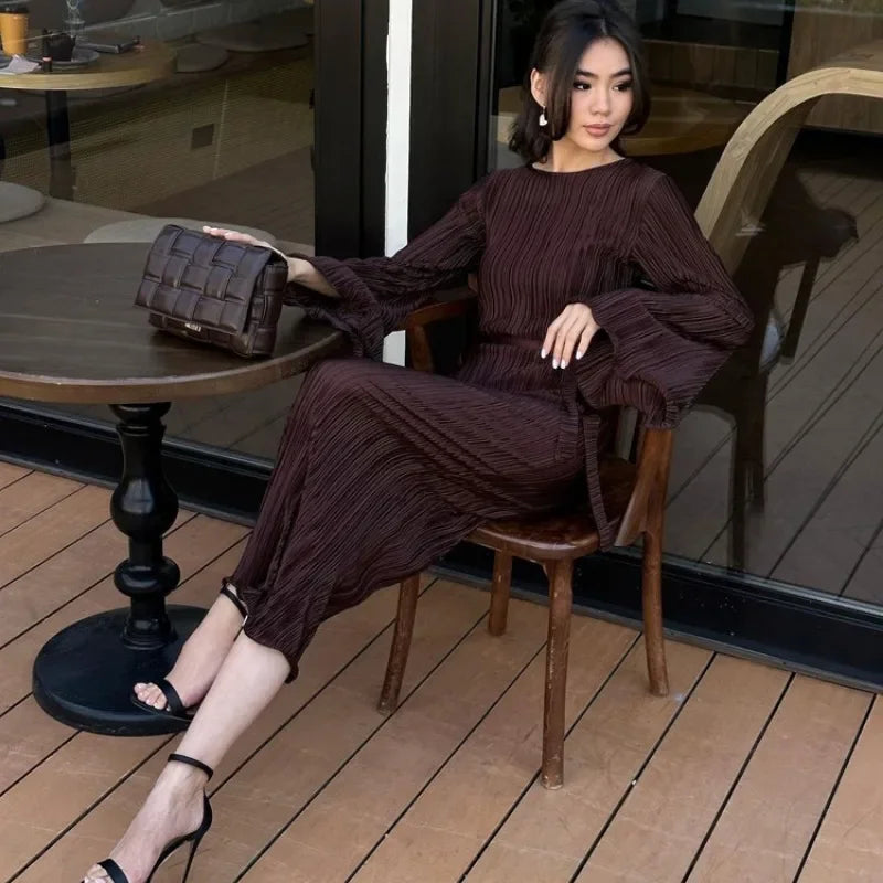 Autumn Winter Party Dress for Women 2025 Y2K INS Elegant Fashion Long Sleeve O Neck Lace Up Folds Evening Graduation Long Dress
