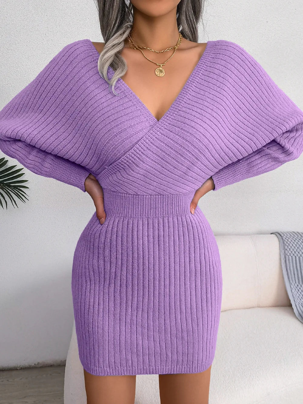 Women's V Neck Waist Tie Sweater Dress - Bodycon Long Sleeve Solid Knit for Fall Winter Holiday Party