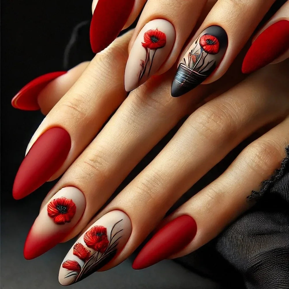 Autumn Matte Press-On Nails | 24pcs Rose Leaf Almond | Full Cover Acrylic Nail Tips with Glue