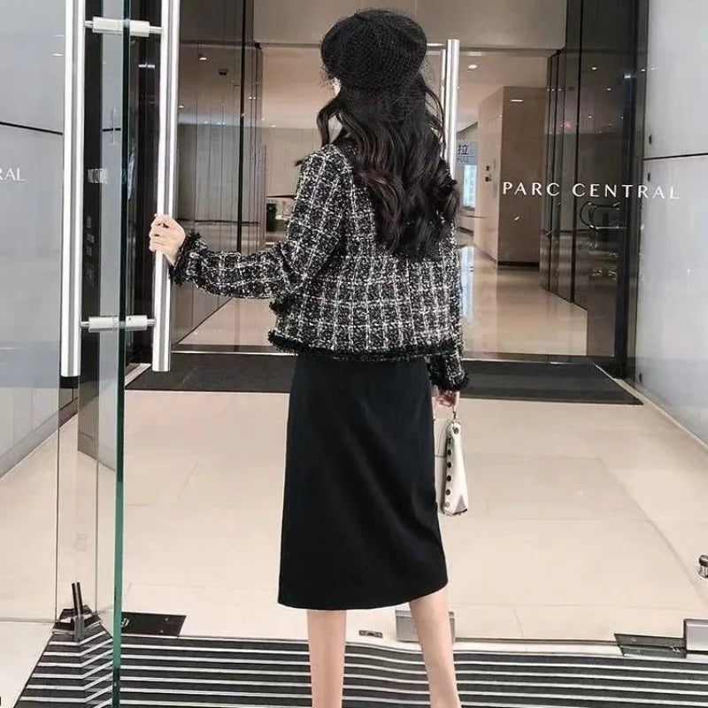 Luxury Tweed Jacket Women Coat Long Sleeve Tweed Blazer Crop Jacket Short Tops Plaid Pockets Office Ladies Clothing New