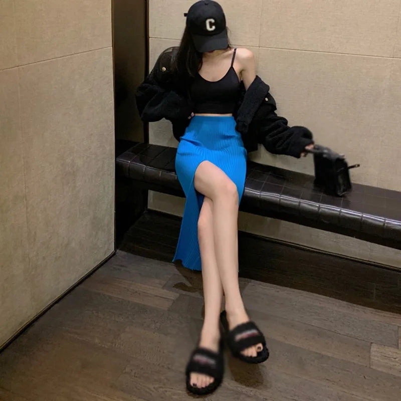 Women Sexy Split Bodycon Long Skirt  Elegant Slim Fit High-Waisted Skirts Female Pure Desire Hot Girl Knitted Elastic Dress