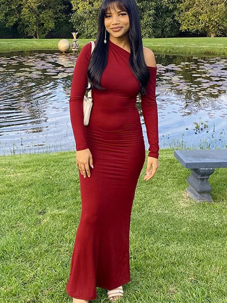 Women's Dresses Autumn New Sexy One-Shoulder Red Dress Streetwear Fashion Casual Slim Elegant Female Club Knitted Dress Clothing