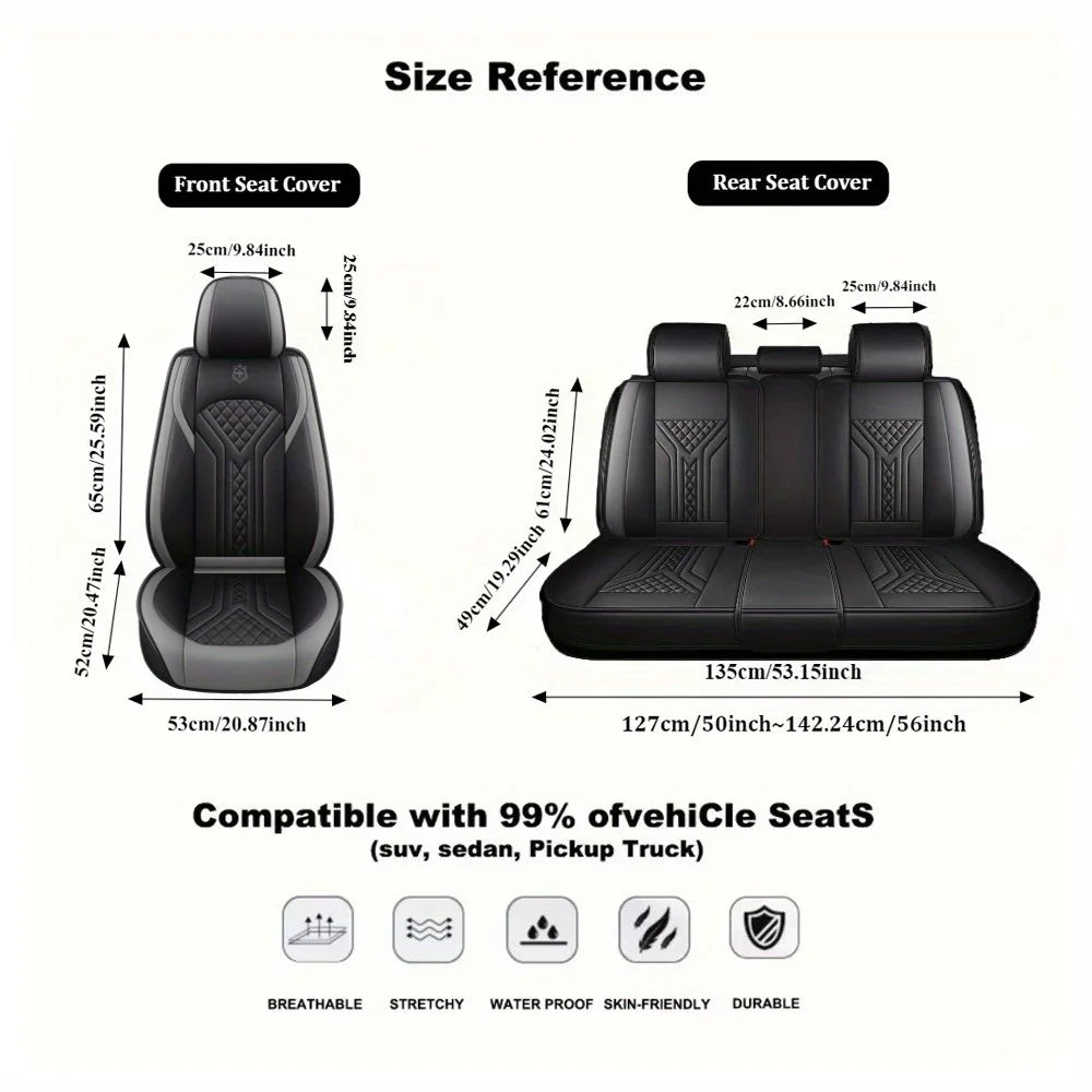 5 Seats PU Leather Car Seat Covers Full Coverage Split Headrest Soft Sponge Filled Comfortable Wear Resistant Non Slip