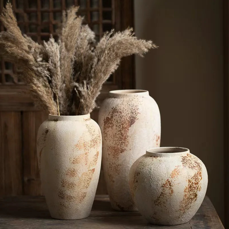 Ceramic Vase Mottled Antique Pottery Jar Wabi Sabi Style Decoration Foyer TV Cabinet Flower Arrangement Ceramic Large Vase Decor