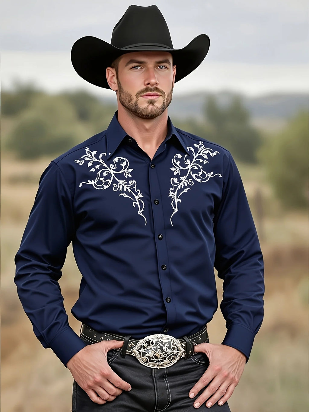 Men's Tribal Pattern Long Sleeve Men's Black Western Cowboy Shirt Western Event Attire  Stylish Men'S Shirt Slim Fit Shirt